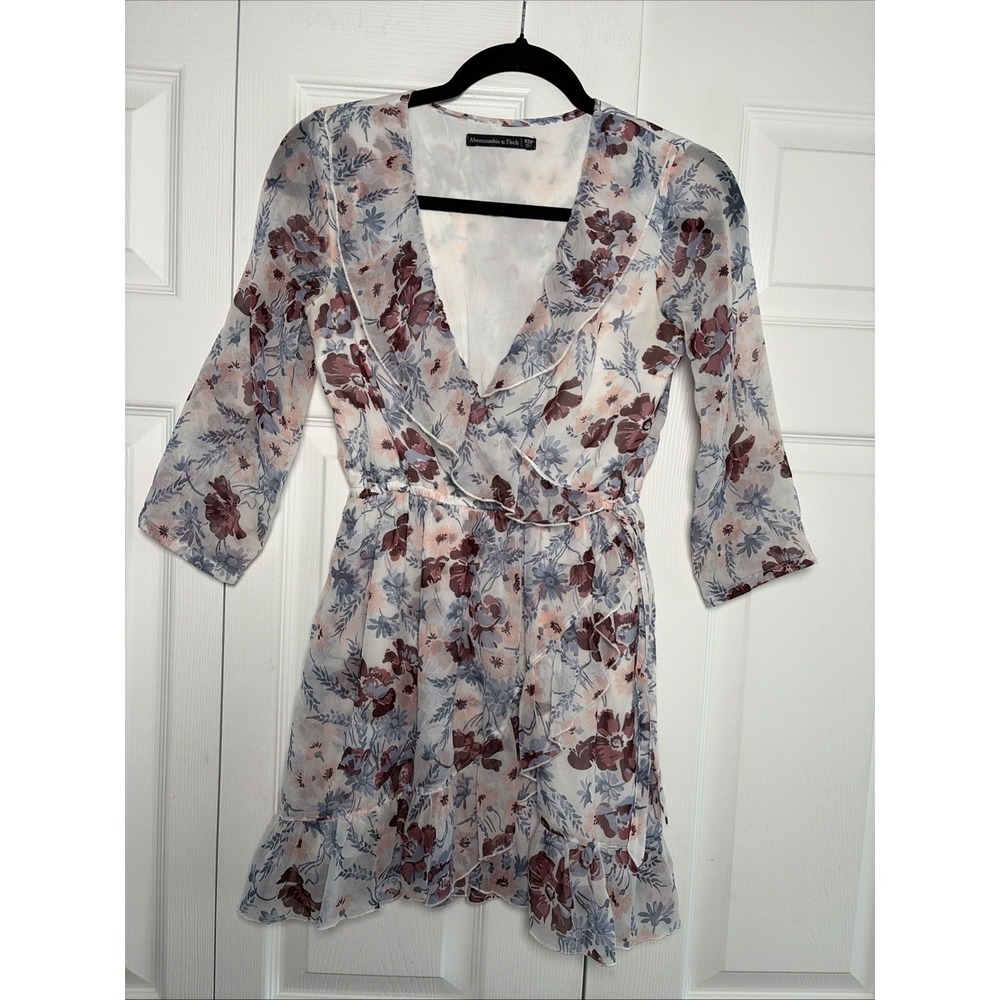 Abercrombie & Fitch Floral Wrap Dress Womens Size XSP Blue Mauve Chiffon Ruffle